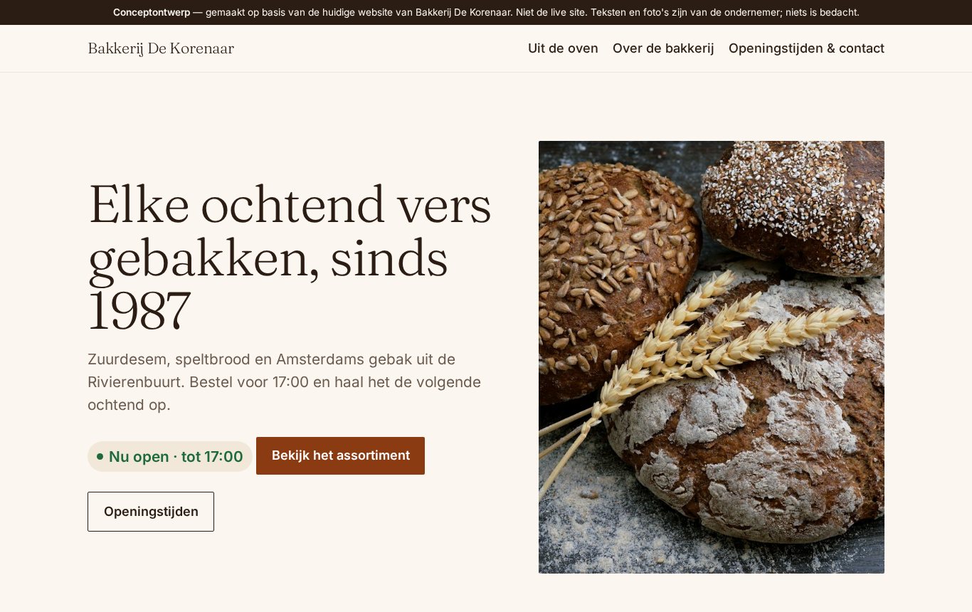 Conceptontwerp voor een verzonnen bakkerij: rustige opmaak met grote foto, openingstijden en contactgegevens